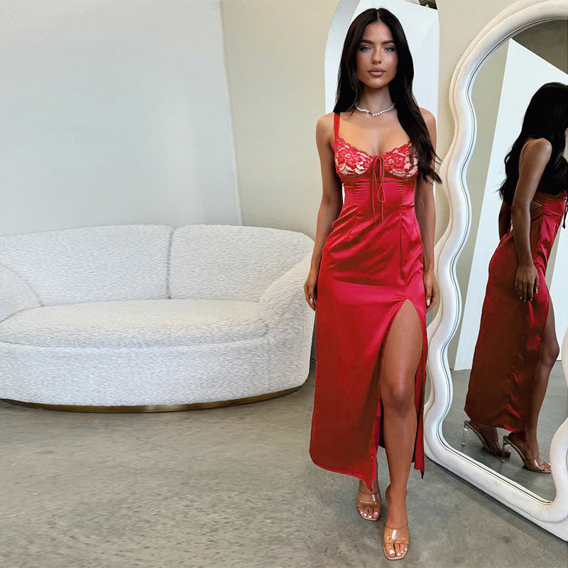 Maxi Dress Socialite Graceful Slim Satin Split Sling Dress