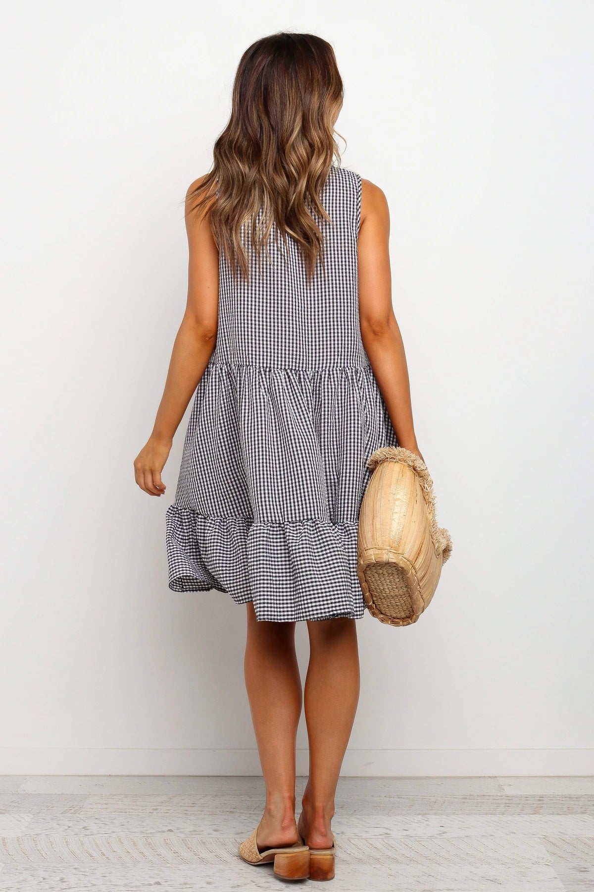 Pocketed Virna Gingham Tiered Babydoll Dress Black