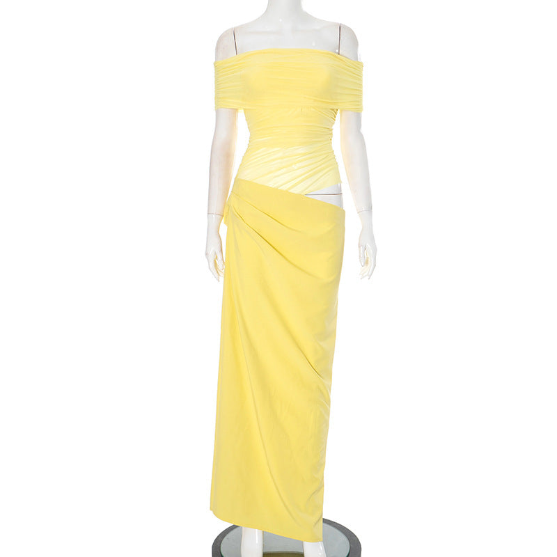 Neck off Mesh Stitching Waist Baring Slim Fit Pleated Hip Dress