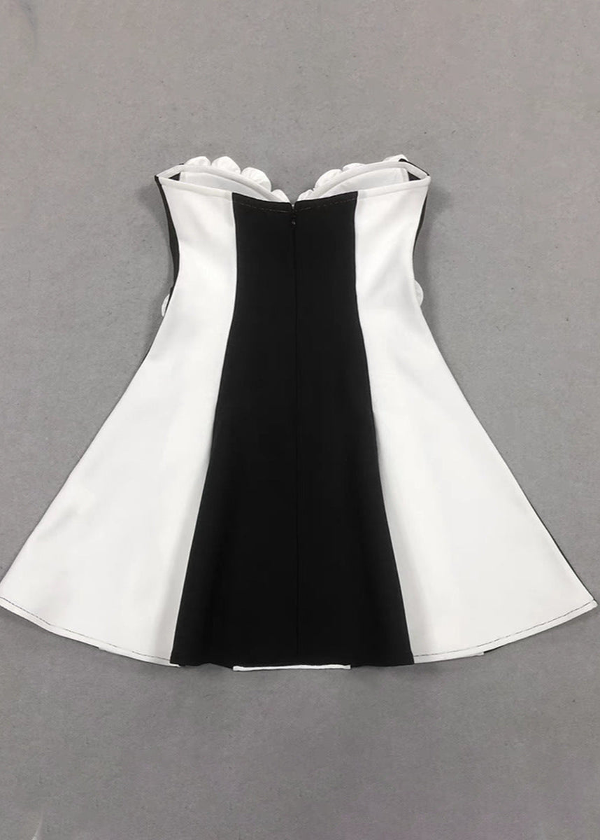 Strapless Monet Rosette Mini Dress Black & White Sculpted Fit-and-Flare