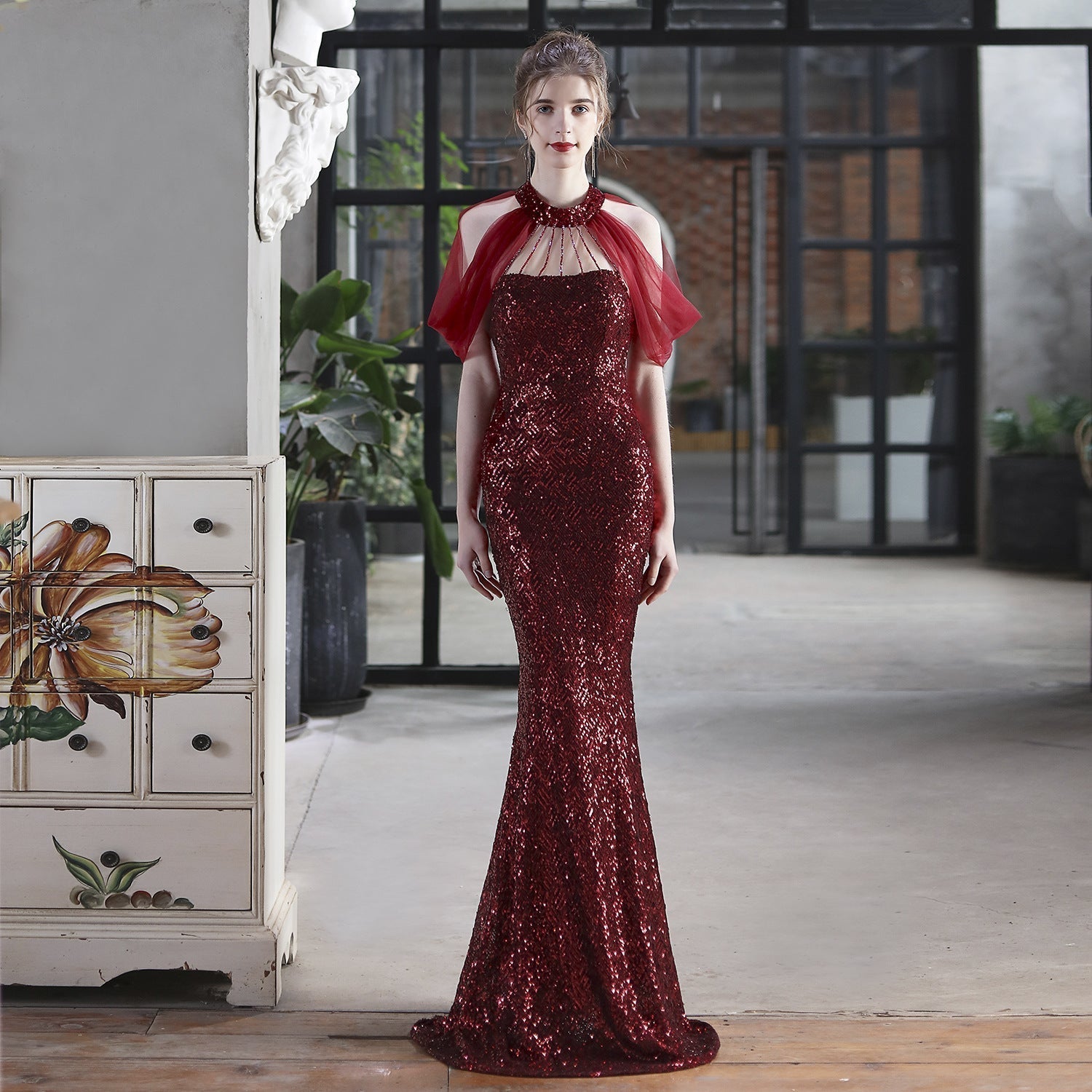 Sequin Mesh Toast Dress Bride Extended Appreciation Dinner Halter Fishtail Wedding Car Model Exhibition Dress