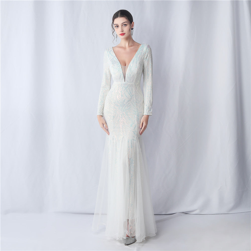 Mesh Sequin Wedding Dinner Annual Meeting Host Extended Sleeve Evening Dress
