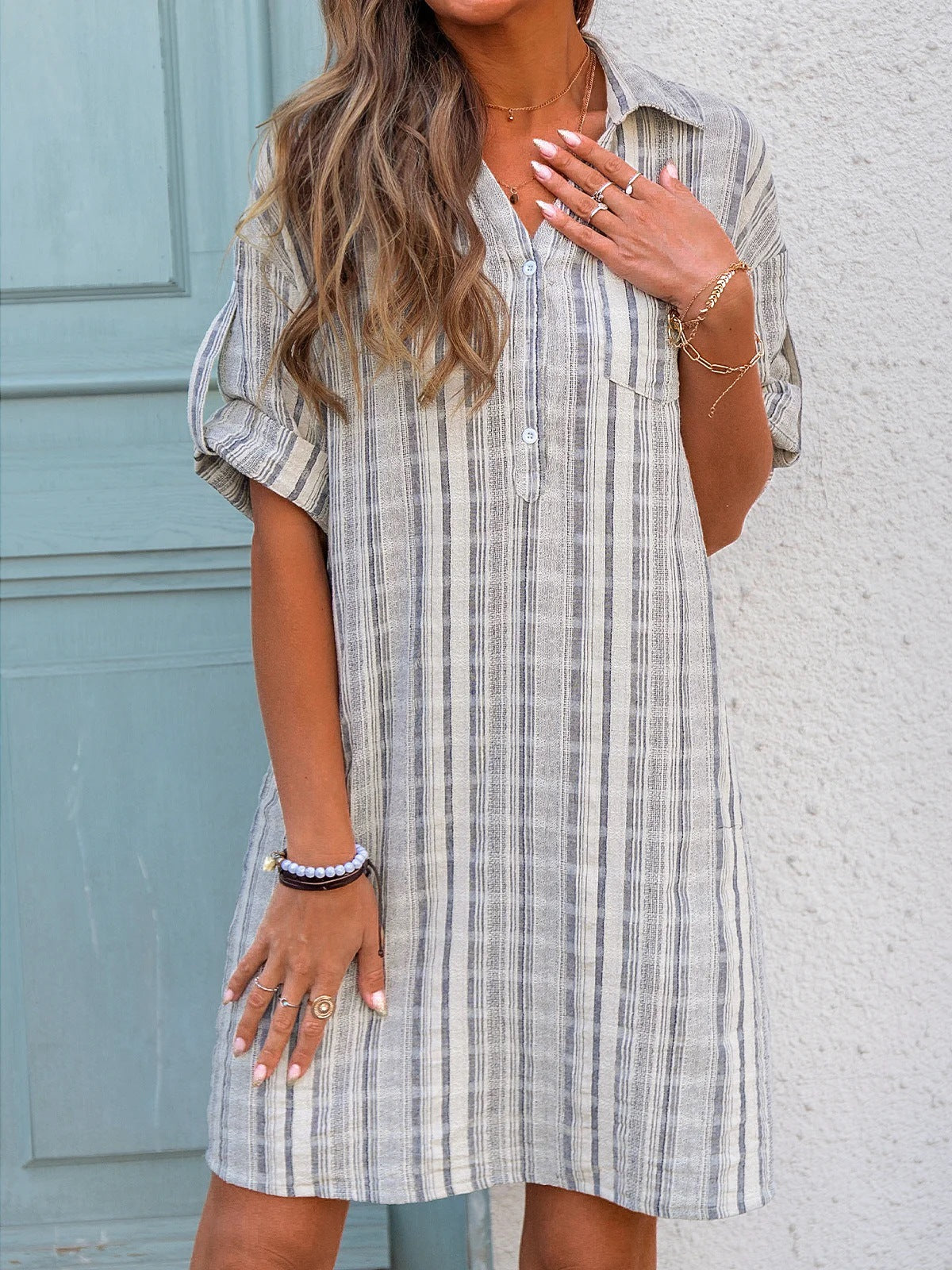 Linen Hayden Blend Striped Button Down Dress Off White Black