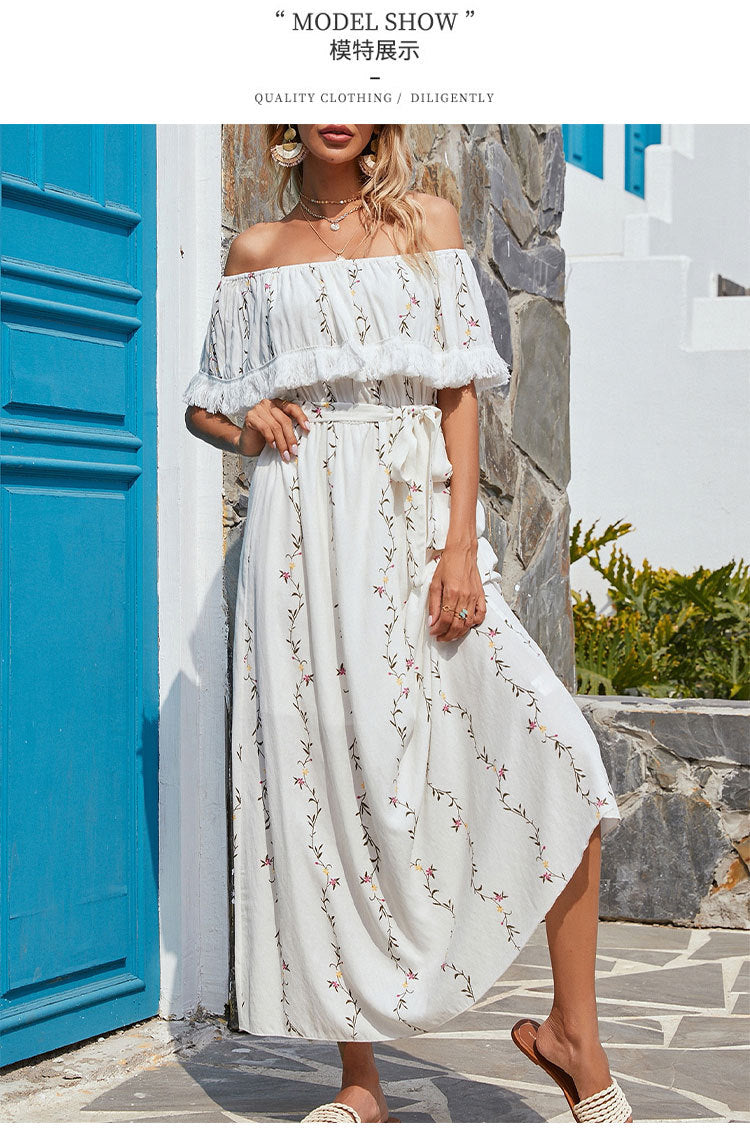 Embroidered Villa Off The Shoulder Chiffon Midi Dress