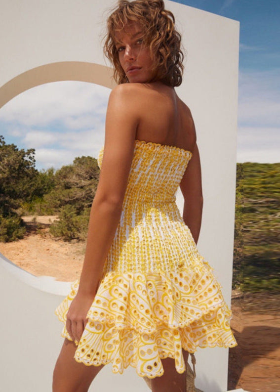 Strapless Zaria Ruffle Mini Dress Smocked Yellow Eyelet
