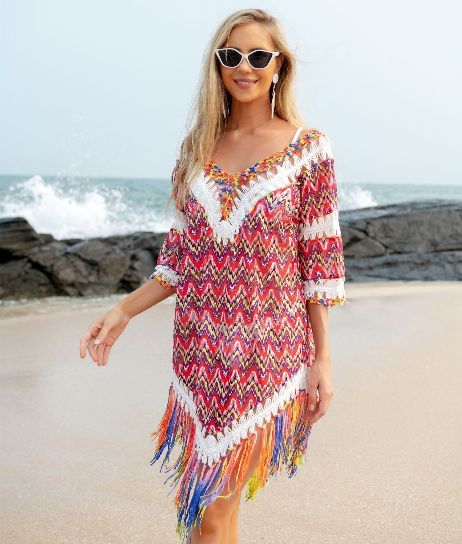 Wool HCrocheting Yarn Vacation Lace Beach Tassel Swimsuit Smock Dress