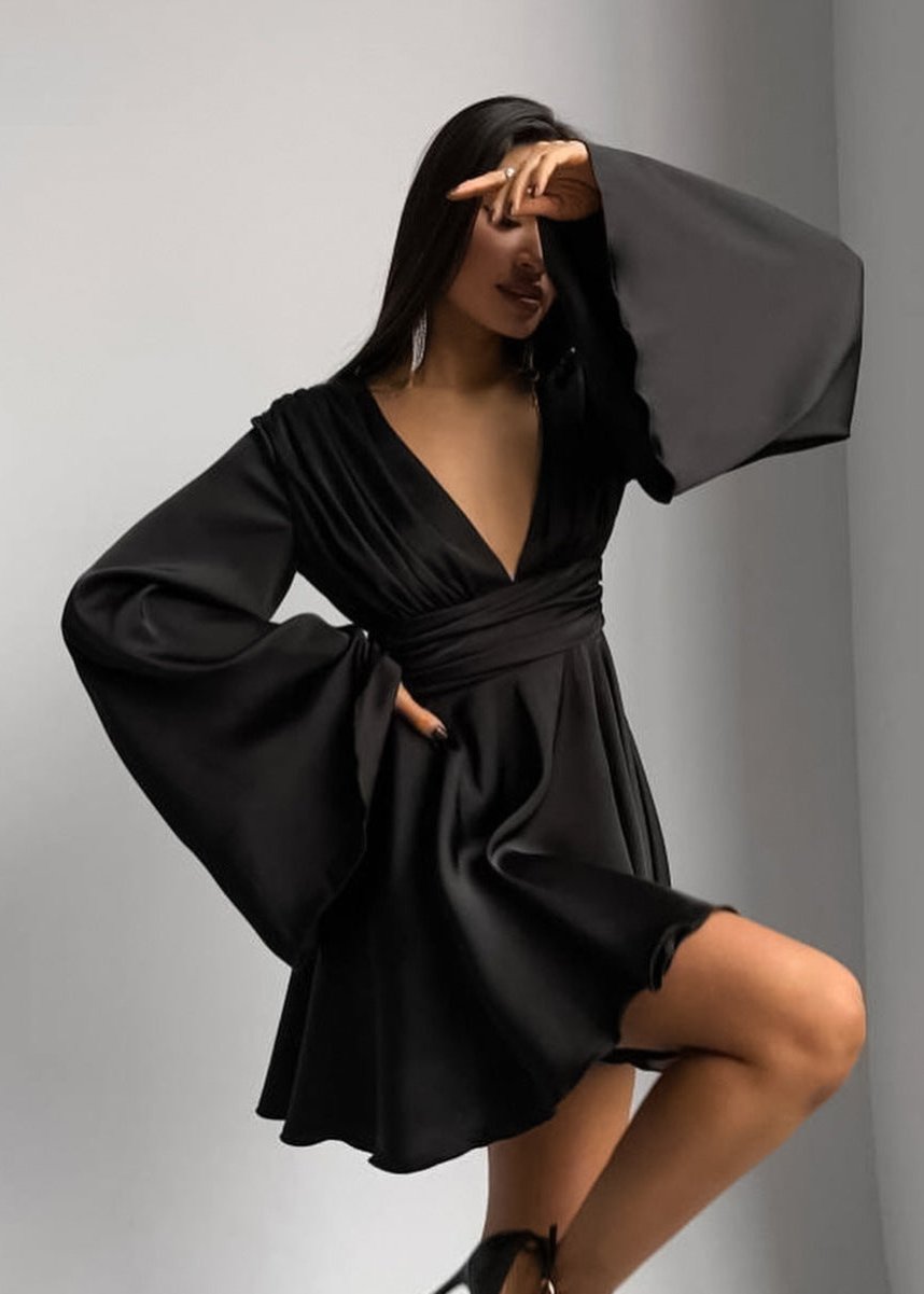 Satin Celeste Bell Sleeve Mini Dress