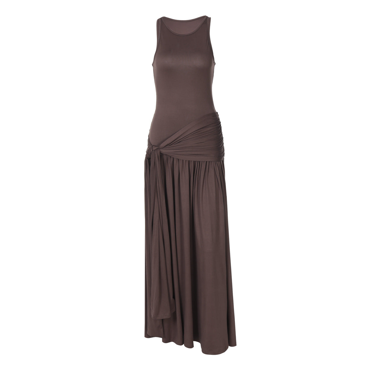 Ribbon Stitching Ruffled Slim Street Midi Solid Color Dress