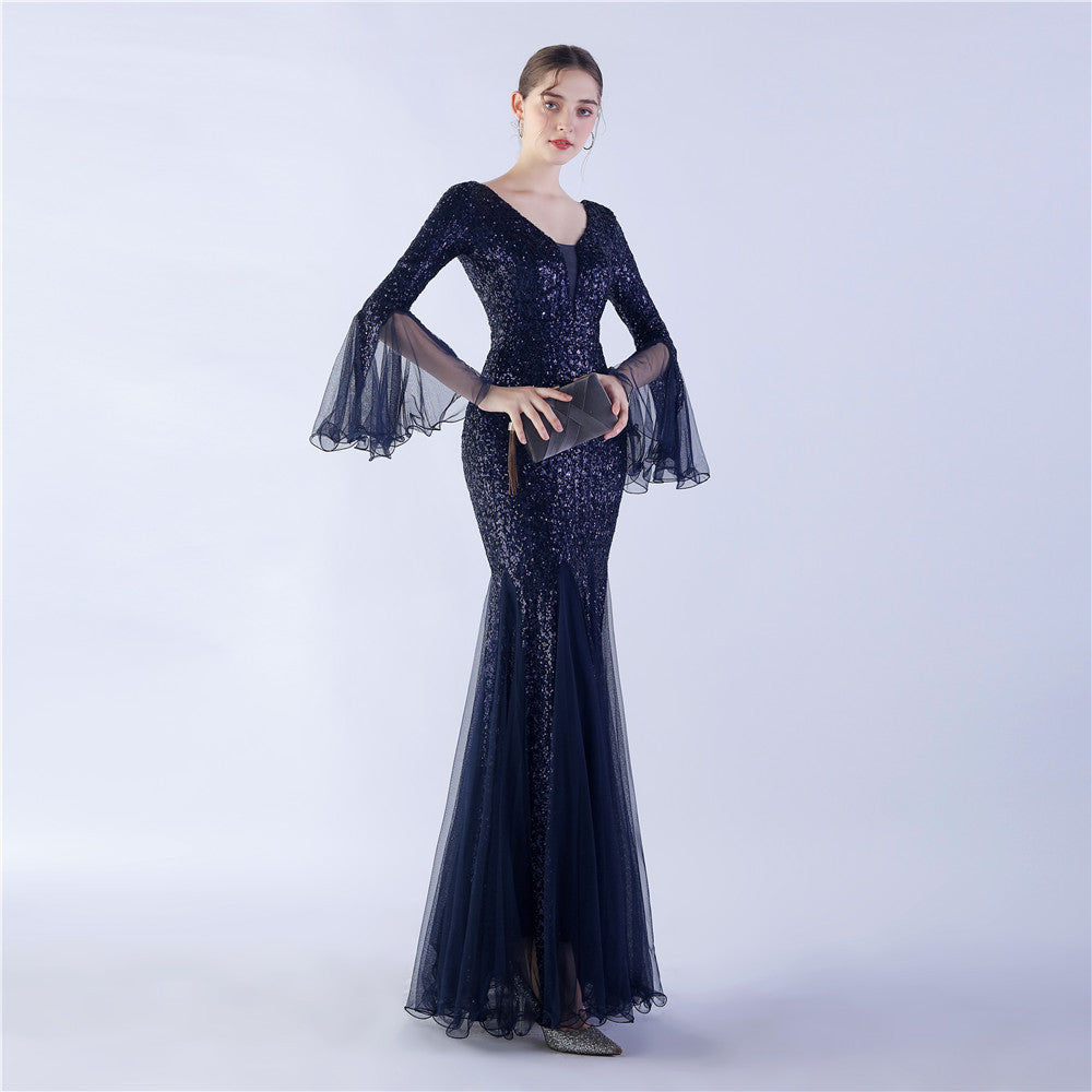 Fish Silk Wave Edge Craft Encryption Mesh Wedding Dinner Stage Sequined Evening Dress