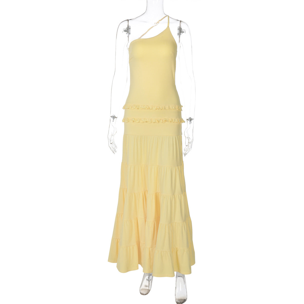 Attractive Hollow Out Cutout out Backless Stitching Tied One Shoulder Pleated Multi Layer Maxi Dress Women