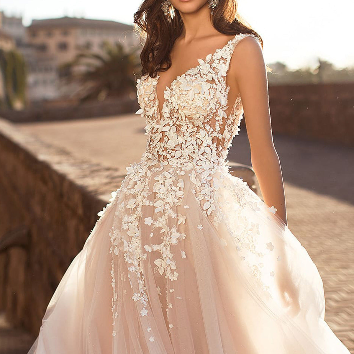 Summer Women Clothing Chic Lace Dress Sleeveless Deep V Plunge Neck Wedding Embroidered Dress
