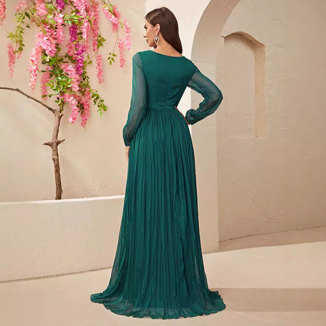 Dress Long Sleeved Chiffon V neck Slit Dress Waist Controlled Lace up Pleated Maxi Dress