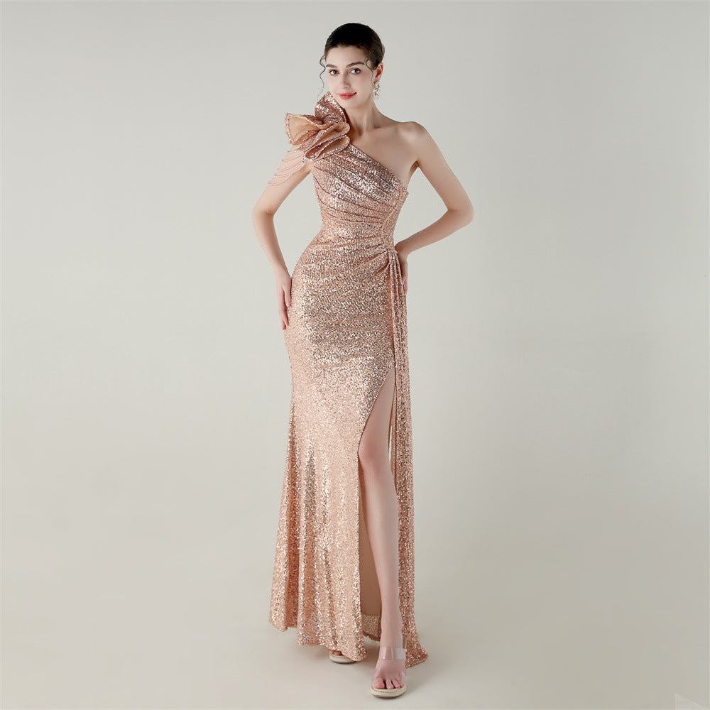 Craft Flower Beaded One Shoulder Diagonal Collar Fishtail Evening Dress Dinner Wedding Awards Ceremony Social Dress