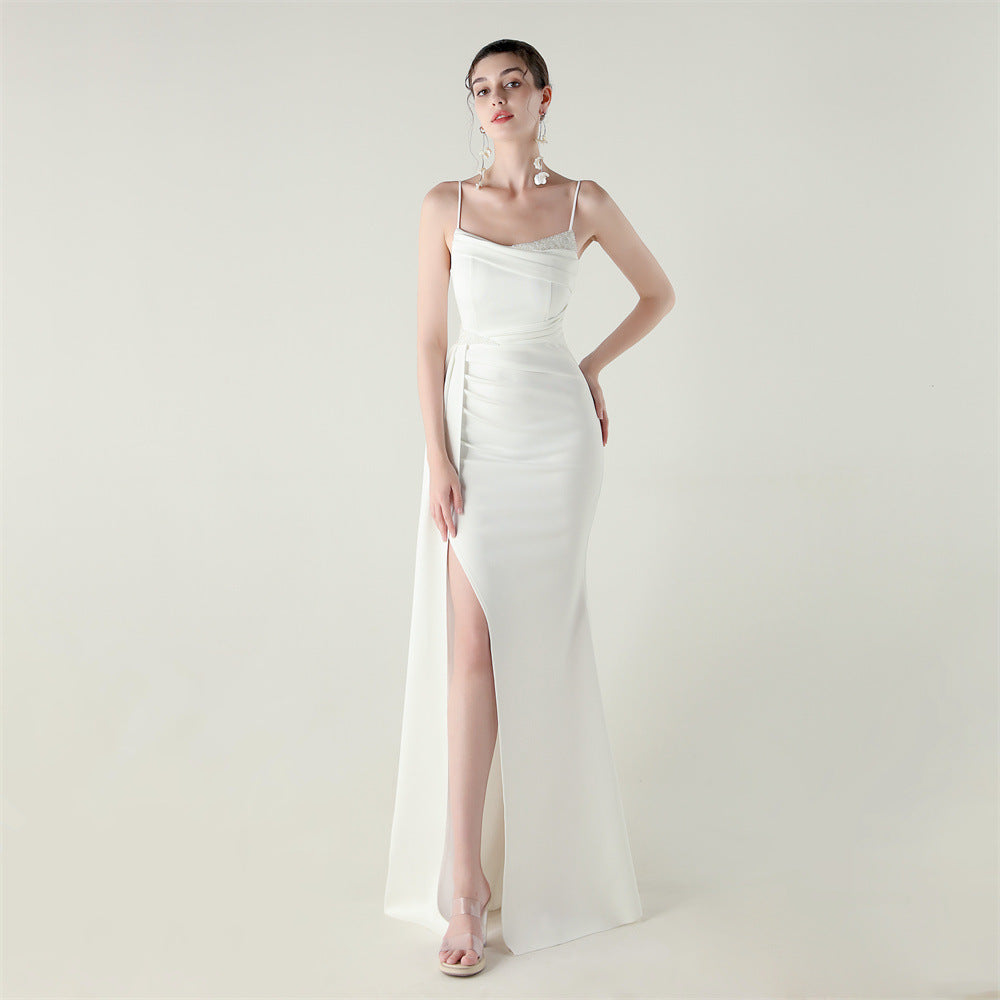 Bandeau Sling Satin Beaded Fishtail Evening Dress Dinner Wedding Dignified Sexy Graceful Dress