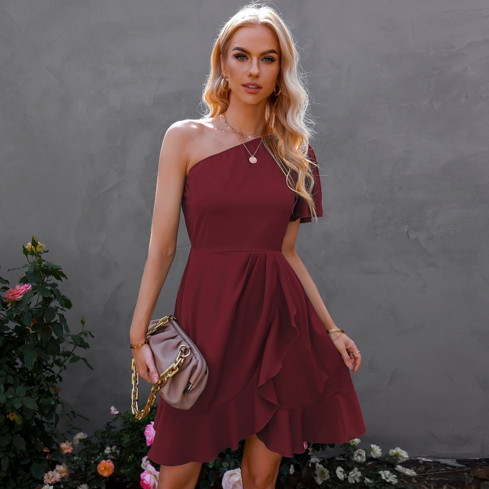 Satin Kaine One Shoulder Ruffle Dress Red FINAL