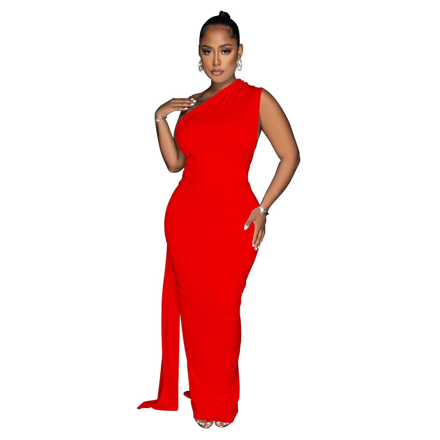 Women Wear Solid Color Backless Pleated Irregular Asymmetric Maxi Dress Women