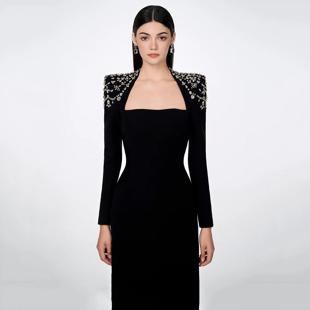 Refined Graceful Square Collar Diamond Long Sleeve Bandage Dress Ladies Party Dinner Light Dress