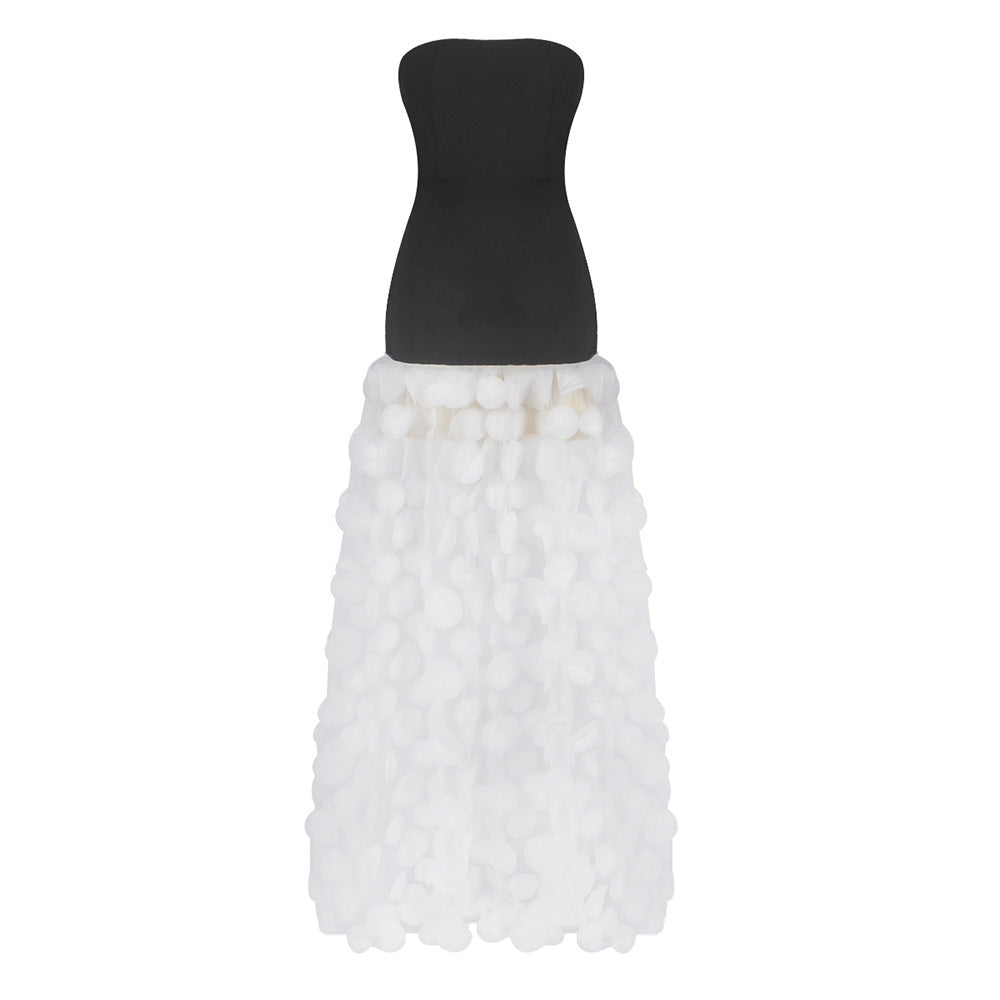 Spring Summer Black White Tube Top Dress Three Dimensional Flower Pettiskirt Dinner Wedding Dress Host Dress