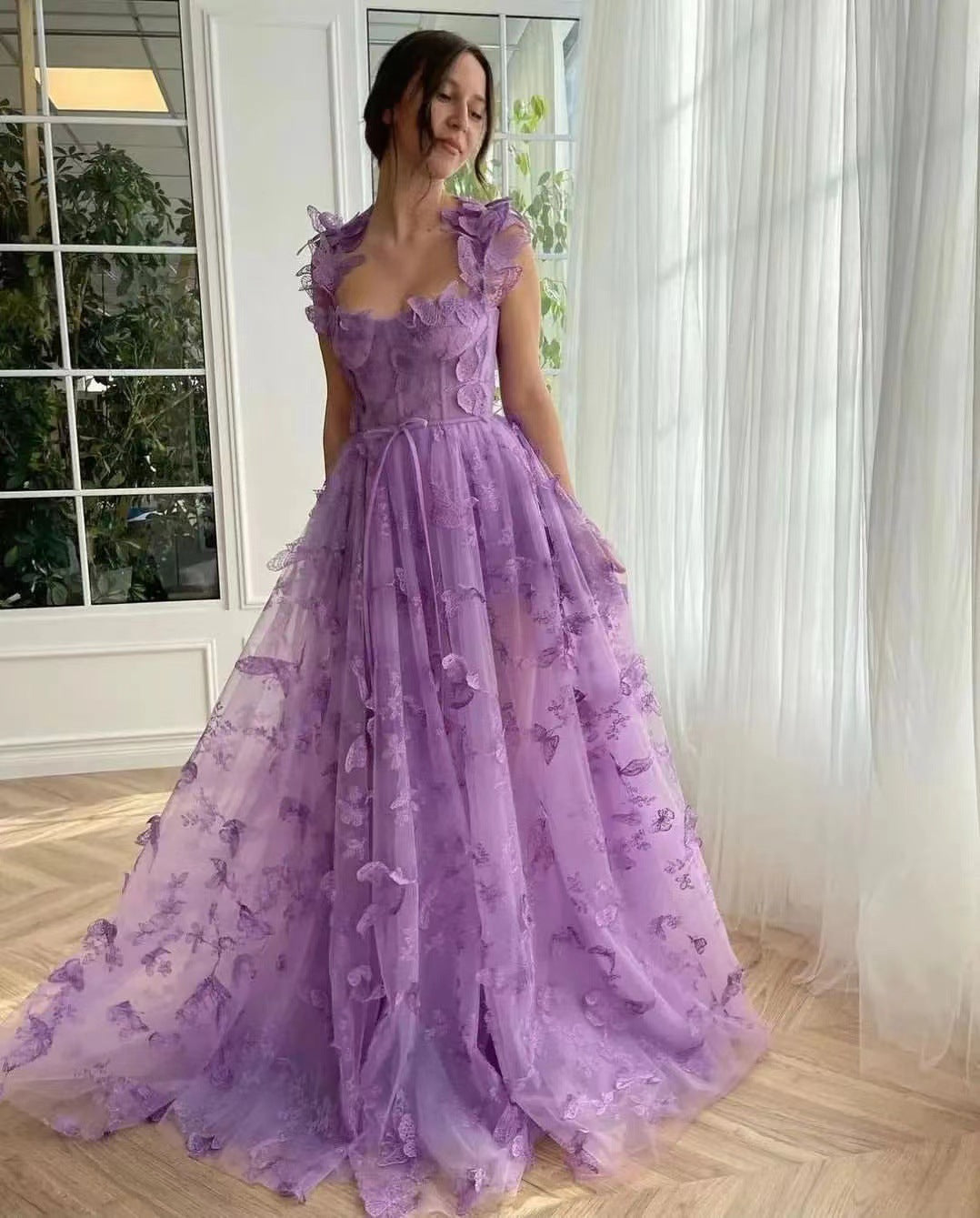 Women Wedding Dress Tulle Spaghetti Straps Sleeveless High Slit Bridal Celebration Beach Dress