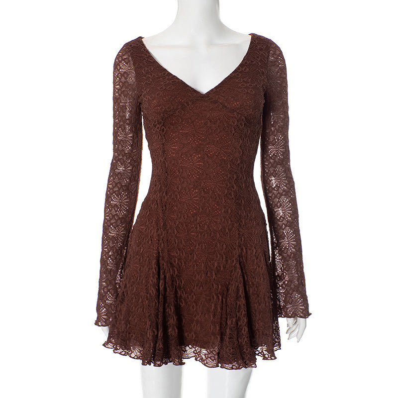 Lace Stitching Sophisticated V neck Long Sleeve Slim Fit Dress