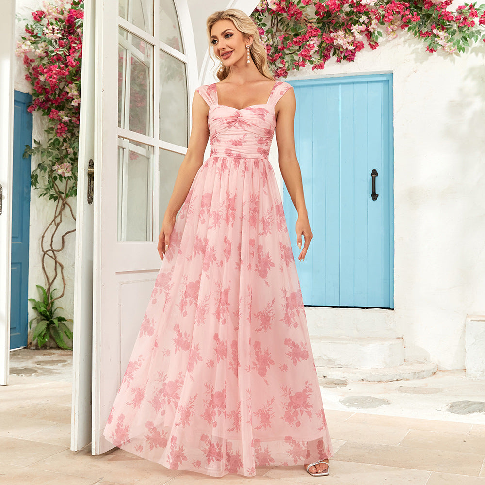 Quality Botanical Pleated Double U Neck Sling Party Evening Dress Back Zipper Full Lining Large A Hem Dress