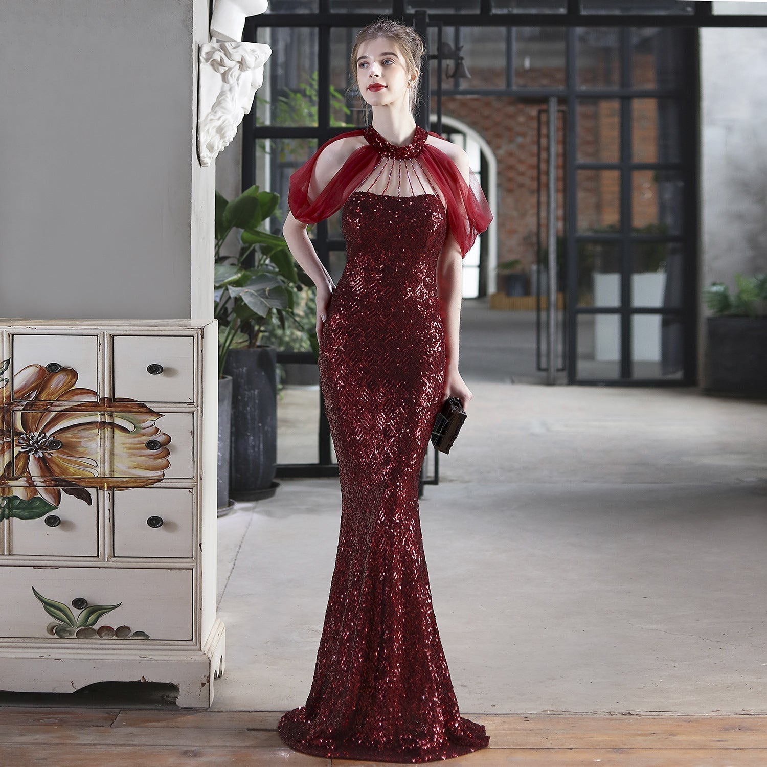 Sequin Mesh Toast Dress Bride Extended Appreciation Dinner Halter Fishtail Wedding Car Model Exhibition Dress