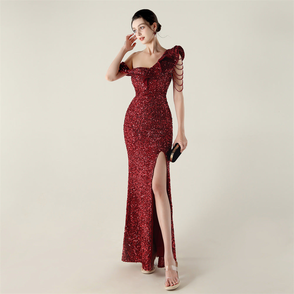 One Shouldered Pleated Ruffled Embellished Beaded Chain Sequined Evening Dress Cocktail Wedding Red Carpet