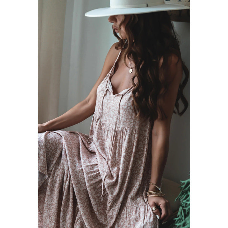Strap Layered Lace up Maxi Dress Loose Flower