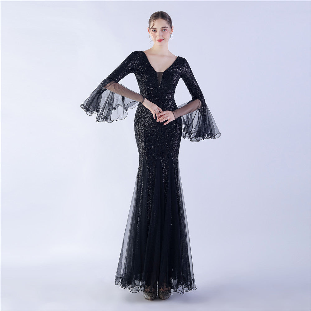 Fish Silk Wave Edge Craft Encryption Mesh Wedding Dinner Stage Sequined Evening Dress