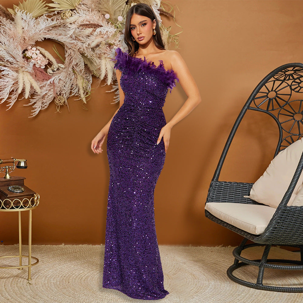 Black Paillette Feather Stitching Sequin Chic Evening Dress Maxi Dress for Women