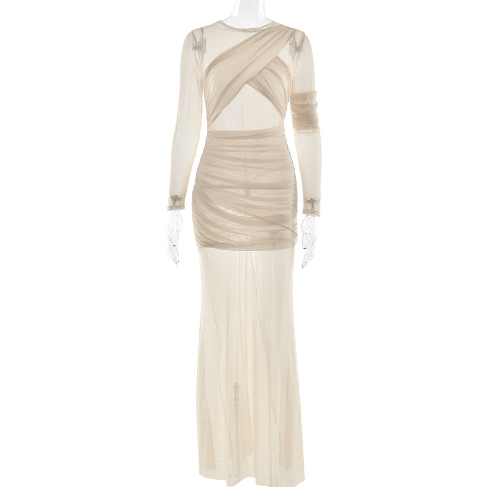 Attractive Mesh See through Maxi Dress Long Sleeve Sexy Pleated Slim Fit Dress