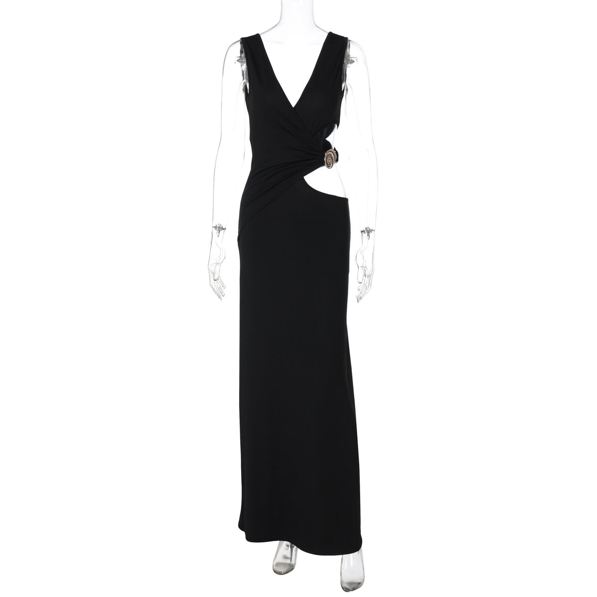 Summer Women Clothing Solid Color V neck Maxi Dress Chic Cutout Sheath Dress Women