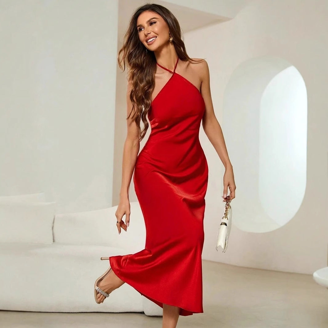 Women Attractive Dress Spring Autumn Evening Dress Satin Strap Maxi Dress