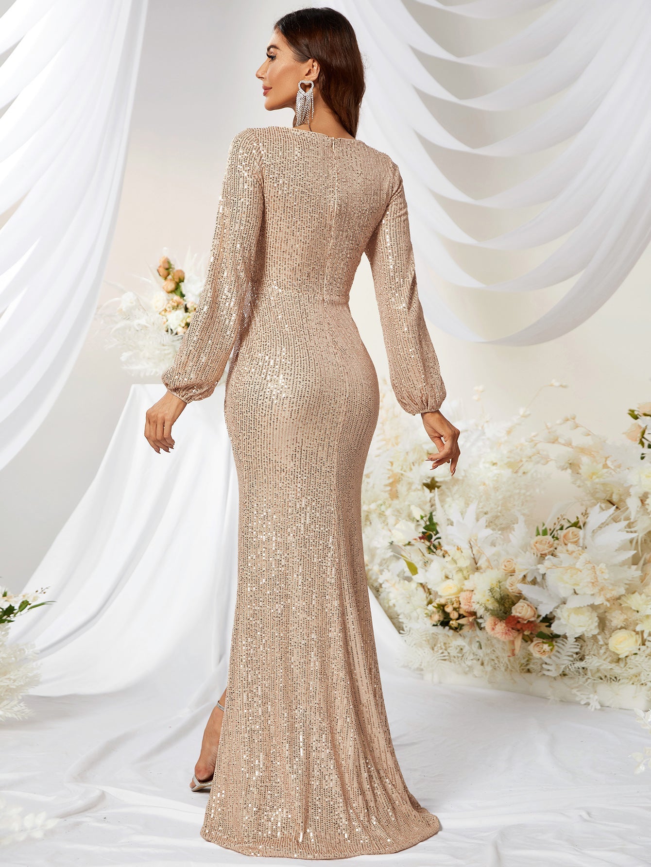 Long Stylish Dress Sequined V Neck Long Sleeve High Slit Slim Fishtail Prom Evening Gown