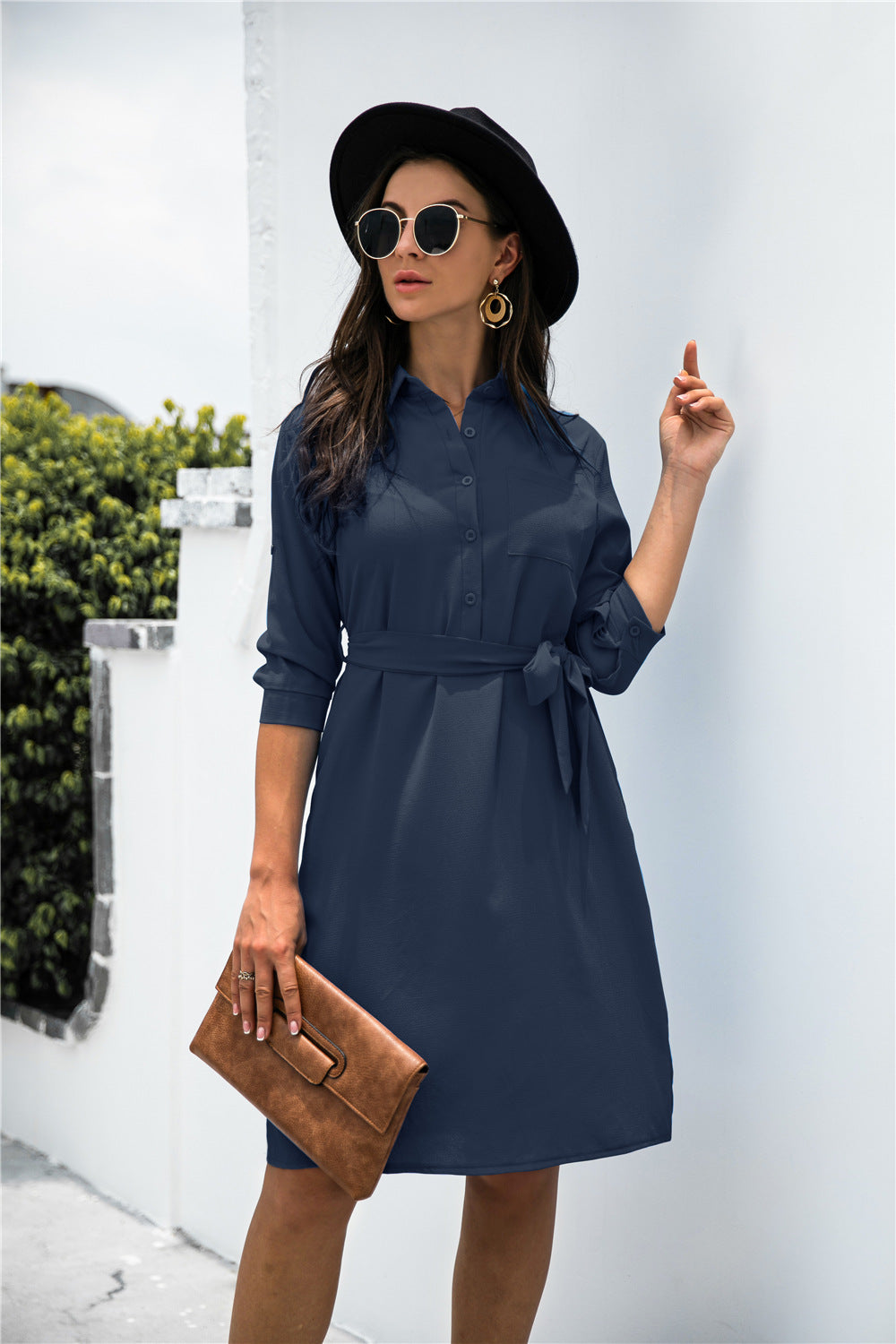 Chic Office Button Down Shirt Dress Navy