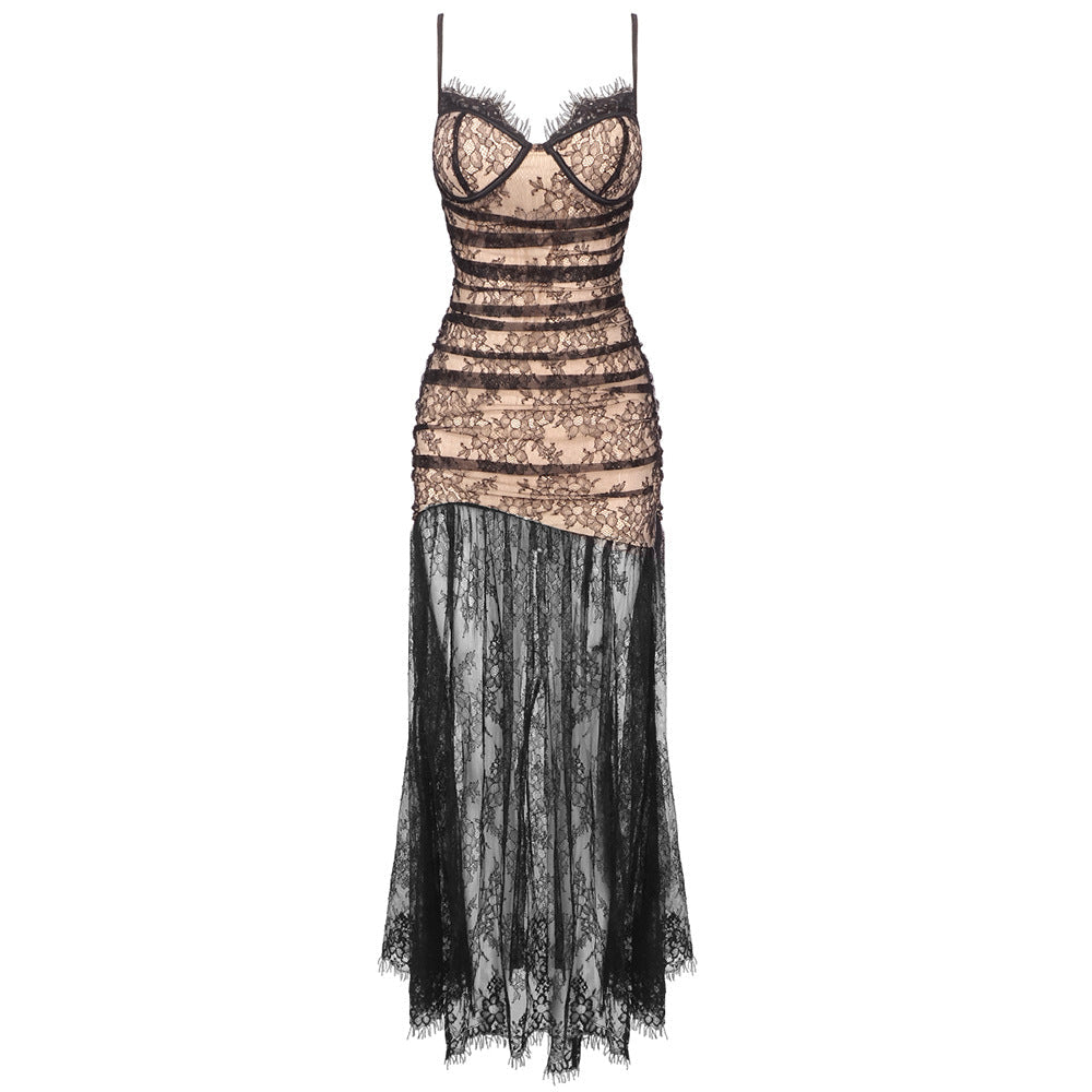 Pleated Black Lace Spaghetti Straps Sleeveless Maxi Evening Dresses Dress