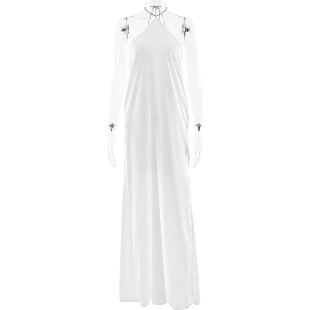 Arrival Advanced Satin Halter Dress Chic Backless Solid Color Split Slim Fit Maxi Dress