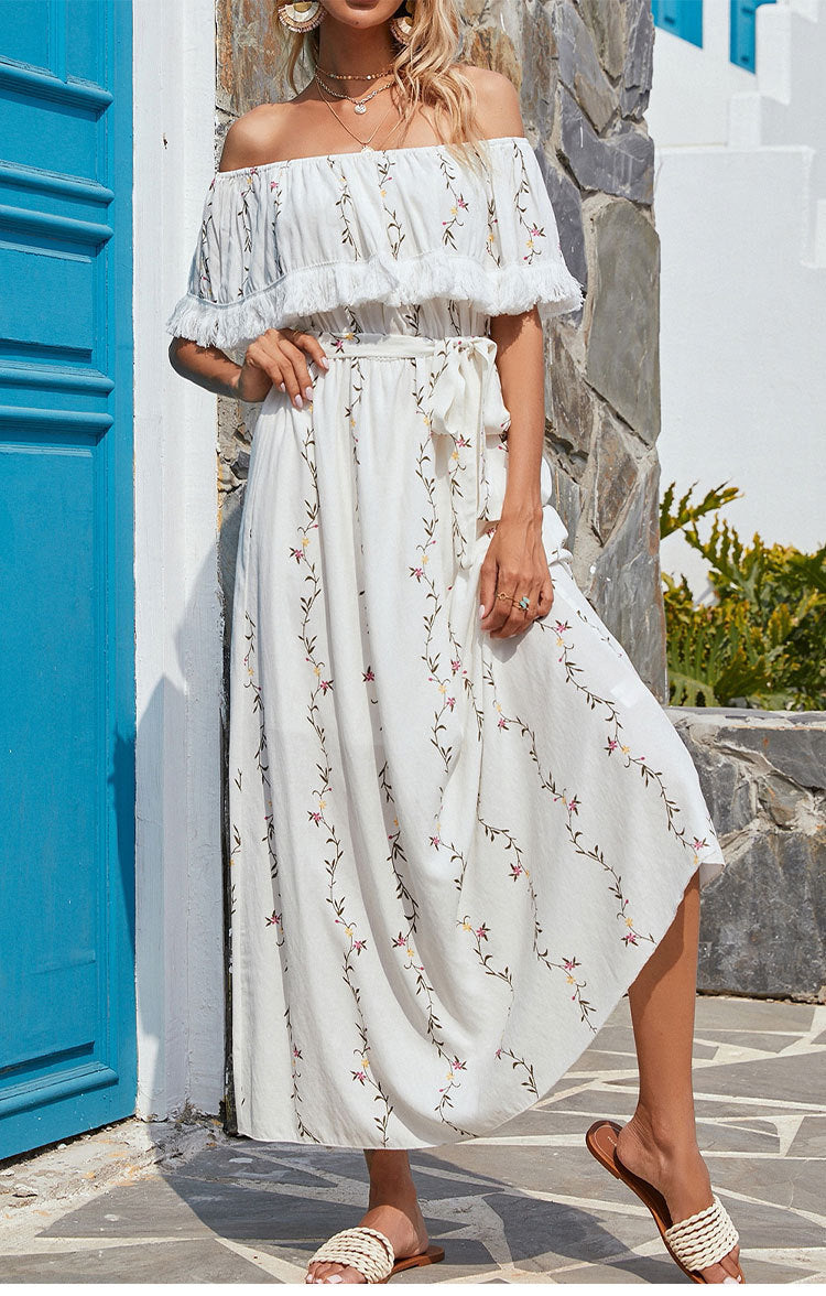 Embroidered Villa Off The Shoulder Chiffon Midi Dress