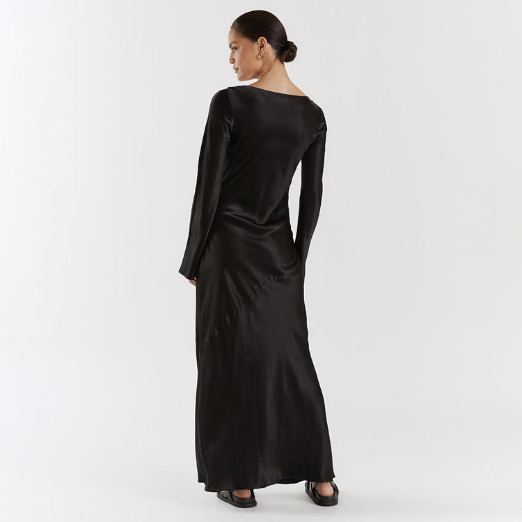 Autumn Winter Maxi Dress Women Solid Color Satin Round Neck Long Long-Sleeved Loose Casual Dress