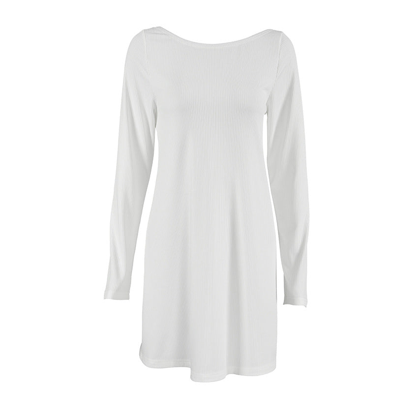 Knitted Sunken Stripe Long Sleeved Backless Nightdress Simple Comfortable Easygoing Homewear
