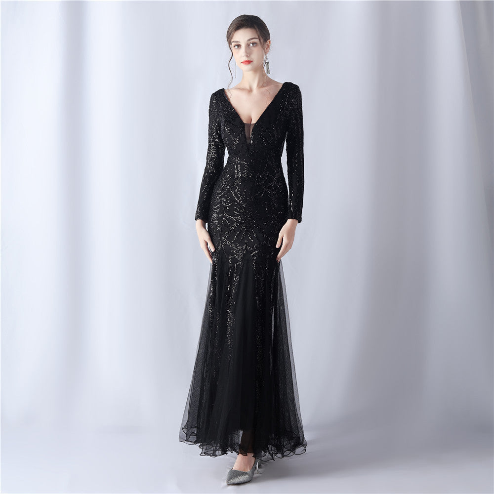 Mesh Sequin Wedding Dinner Annual Meeting Host Extended Sleeve Evening Dress