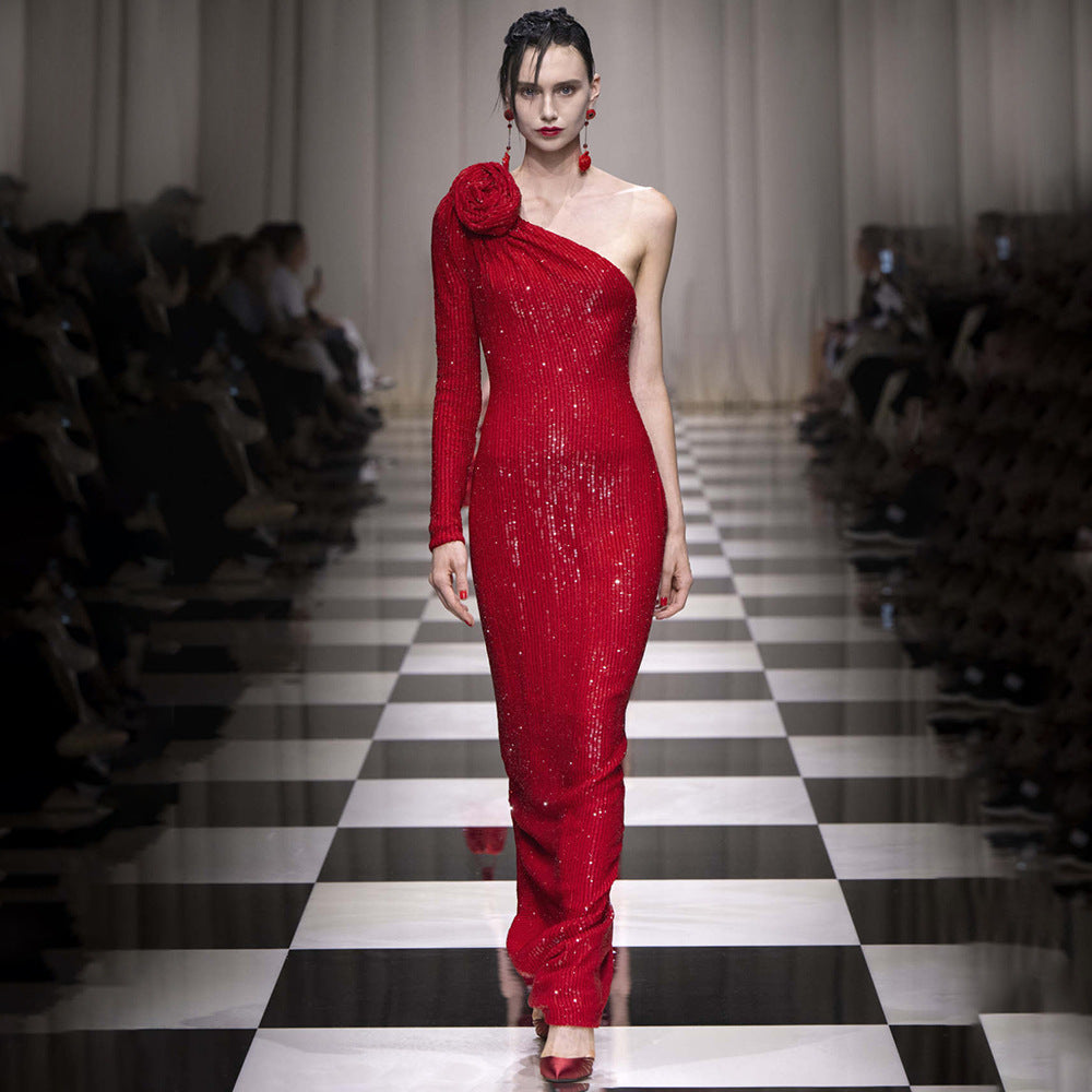 Christmas Red Three Dimensional One Shoulder Flower Sequin Formal Dress Stretch Dress Winter