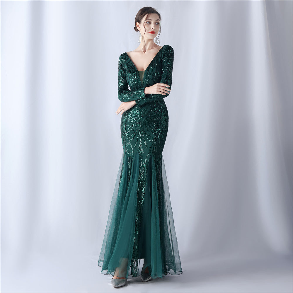 Mesh Sequin Wedding Dinner Annual Meeting Host Extended Sleeve Evening Dress