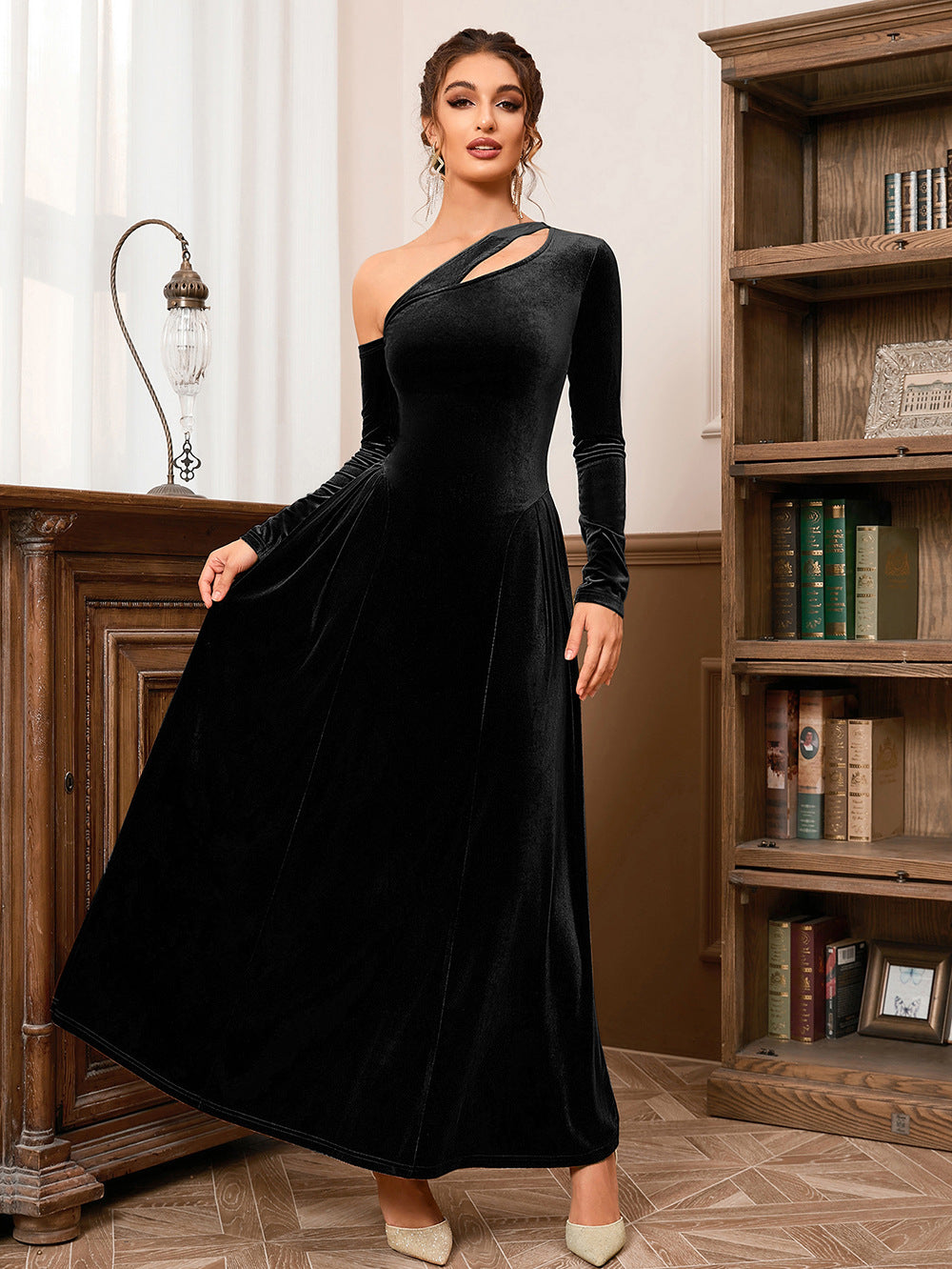 Shoulder One Long Sleeve High Slit Slim Waist Mid Length Evening Dress