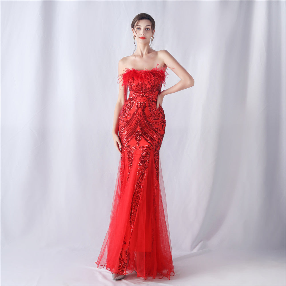 Ostrich Feather Positioning Flower Cutting Wedding Annual Meeting Tube Top Sequin Gauze Evening Dress