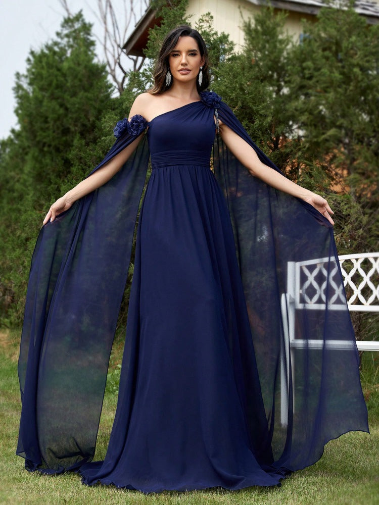 Ribbon Chiffon Dress Blue Slim Fishtail Cocktail Evening Dress Bridesmaid
