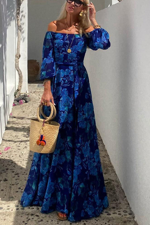 Attractive off Neck Printed Large Swing Maxi Dress