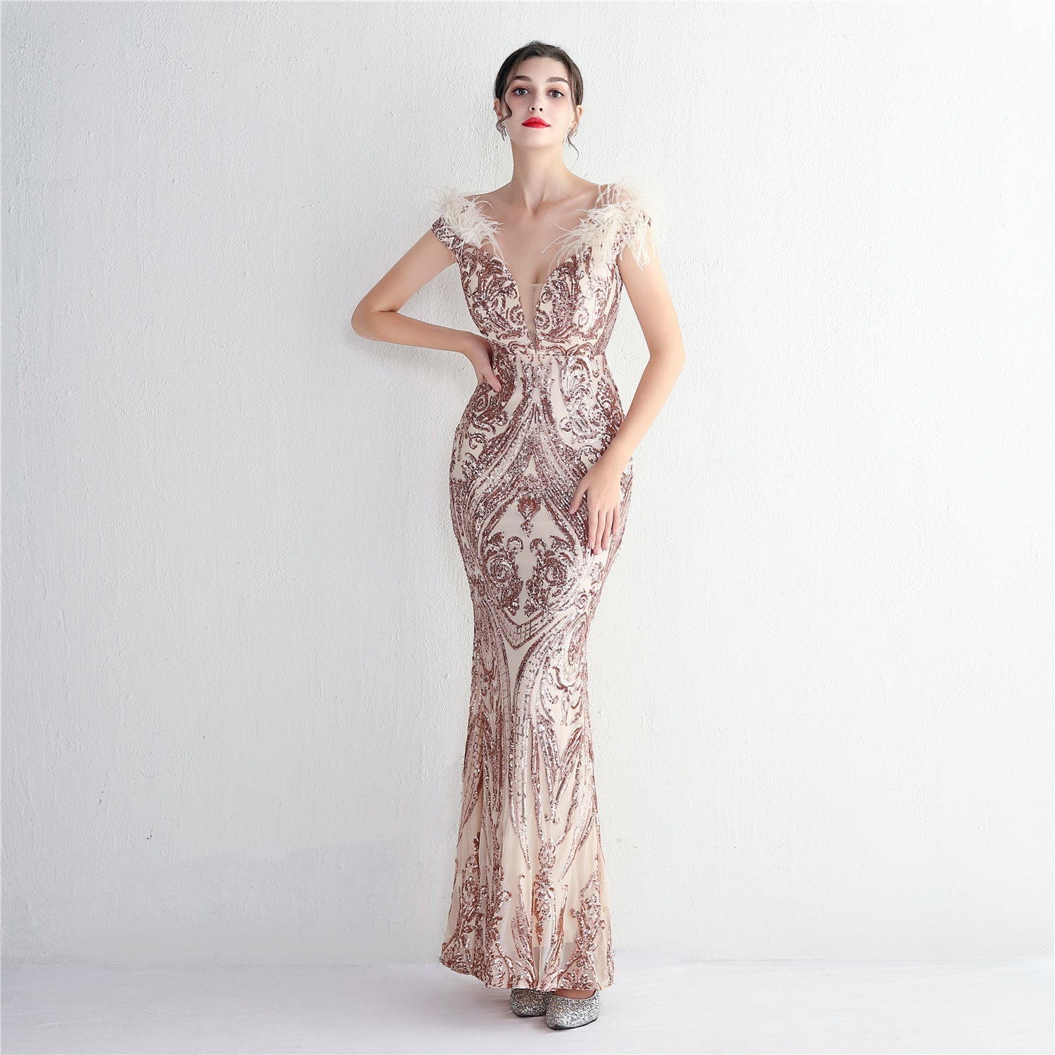 High Density Three Dimensional Strong Sequin Positioning Botanical Craft Handmade Wool Cocktail Slim Fit Evening Dress