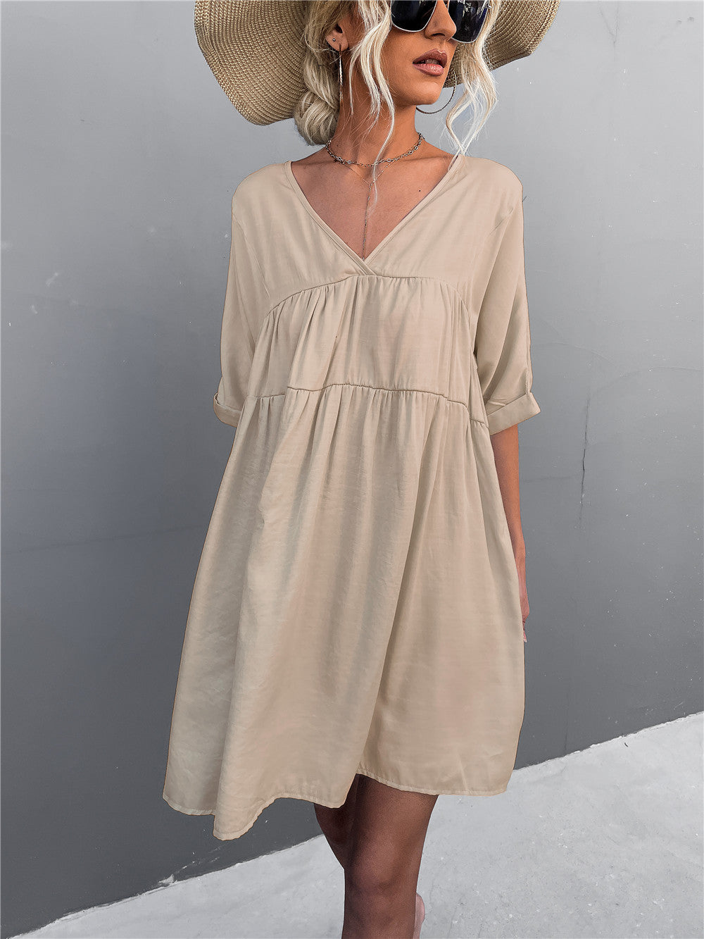 Cotton Goodness Pocketed Babydoll Dress Khaki