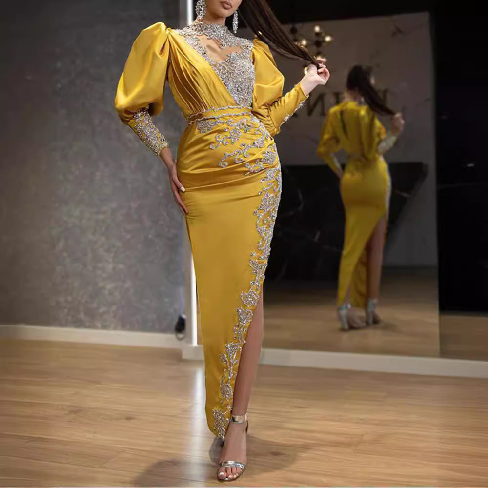 Spring Gold Women Wedding Satin Large Swing Chic Dress Trailing Cocktail Evening Dress